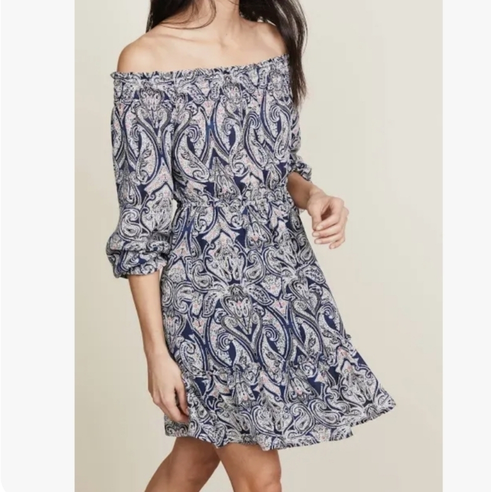 NWT Cupcakes & Cashmere Off the Shoulder Elroy Dress Paisley Cadet Blue S